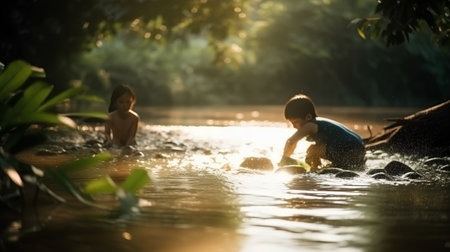 Children playing in the river at sunset. Children swim in the river.の素材