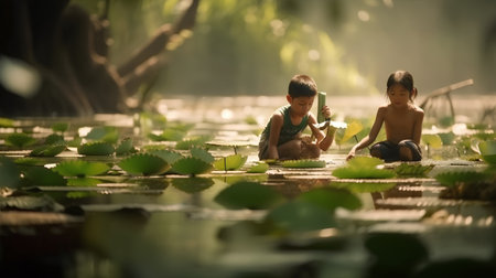 Asian boy and girl playing with water lily pads in the pondの素材