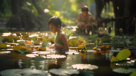 Little asian girl playing in the pond with lotus flower, Thailandの素材