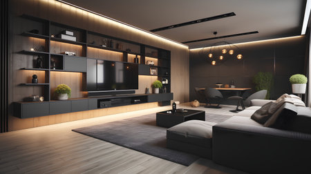 Interior of modern living room with black walls, wooden floor, comfortable sofa and black wardrobe. 3d renderの素材