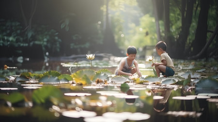 Asian boy and girl playing with lotus flower in the pond.の素材