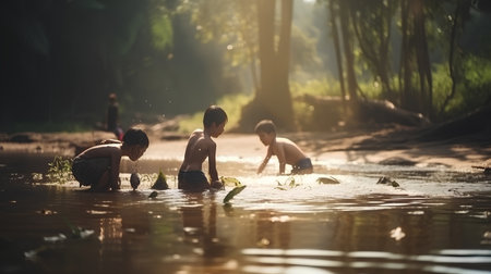 Children playing in the river in the evening at the countryside of Thailandの素材