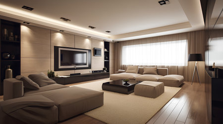 Interior of modern living room with sofa and TV. 3d renderの素材