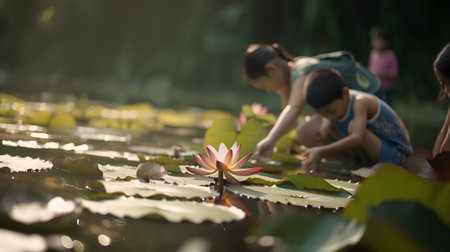 Beautiful lotus in the pond with two girls in background.の素材