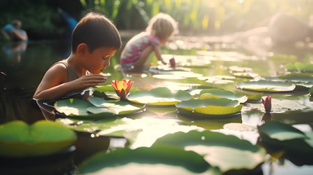 Little boy looking at water lily flower in the pond with familyの素材