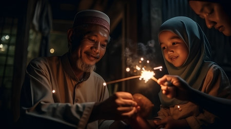 Muslim family celebrating Eid al-Fitr with sparklers at nightの素材