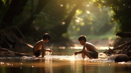 Two boys bathe in the river in the evening, Thailand.の素材
