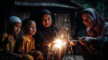 Muslim mother and children with sparklers in the living room at homeの素材