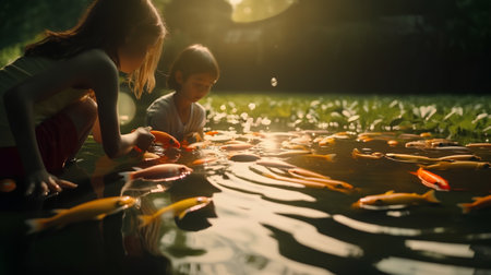 Mother and daughter feeding fishes in the pond at sunset, soft focusの素材
