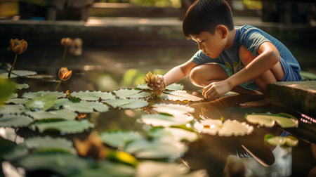 Little boy playing with lotus flower in the pond. Kid and nature concept.の素材
