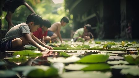 Group of Asian children playing with water lilies in a pond.の素材