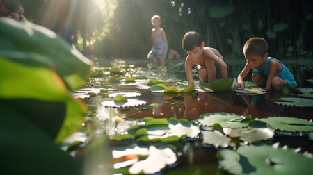 Children playing with water lilies in a pond in a tropical parkの素材