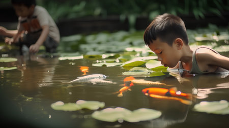 Asian boy playing with koi fishes in the pond, Thailand.の素材