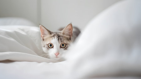Cute cat lying on the bed and looking at the camera.の素材