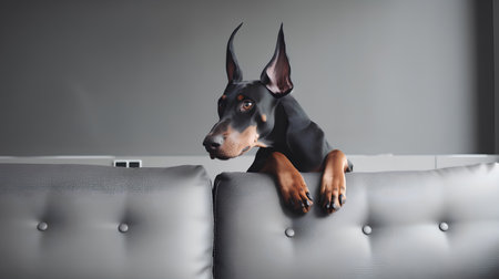 Portrait of a cute doberman dog lying on sofa at homeの素材