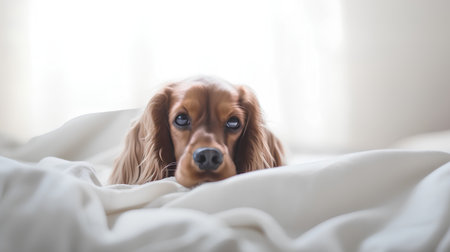 Cavalier King Charles Spaniel lying on a bed at homeの素材