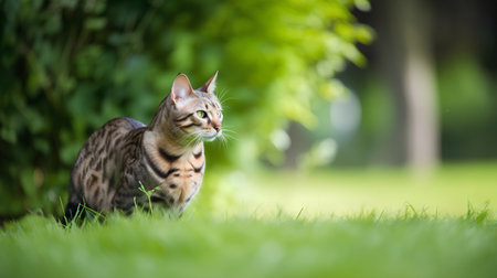 Bengal cat sitting on grass in the garden with green backgroundの素材