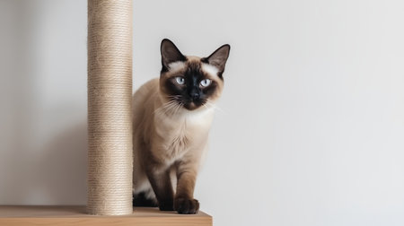 Siamese cat with blue eyes sitting on a scratching post.の素材