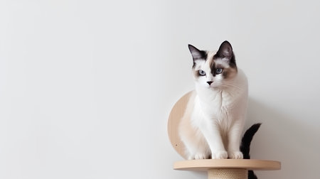 Siamese cat sitting on a scratching post on a white backgroundの素材
