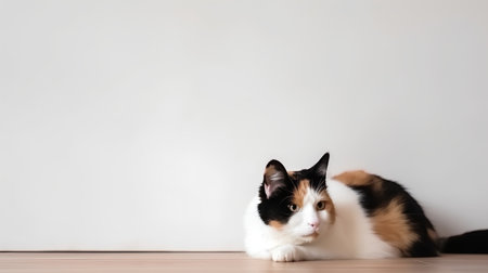 Tricolor cat lying on the floor in front of white wallの素材