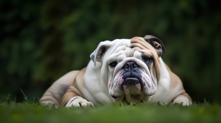 english bulldog lying in the grass looking at the camera with a serious expressionの素材