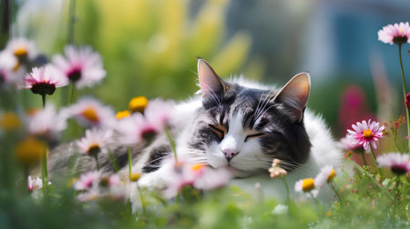 Cute cat lying on the grass in the garden with flowers.の素材