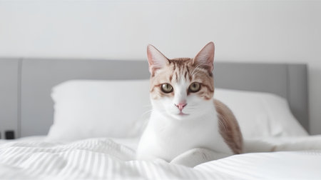 Portrait of a beautiful cat on a white bed at home.の素材