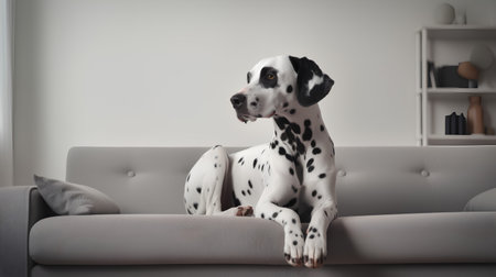 Adorable Dalmatian dog sitting on sofa in living room.の素材