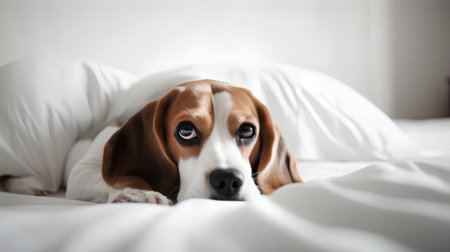 Portrait of a cute beagle dog lying on the bed.の素材