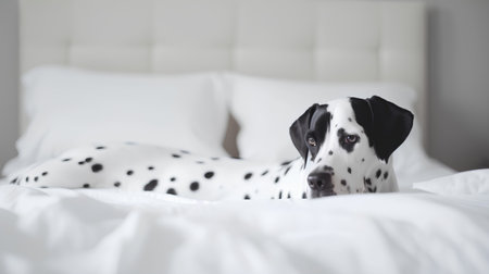 Dalmatian dog lying on the bed in the morning.の素材