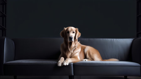 Golden Retriever lying on a black sofa in a dark roomの素材