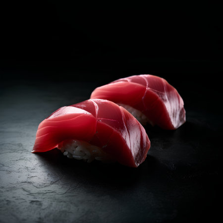 Tuna sushi on a black background. Japanese food. Toned.の素材