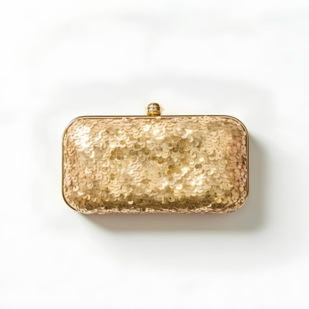 Golden purse isolated on white background. Flat lay, top view.の素材