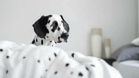 Dalmatian dog lying on the bed and looking at the cameraの素材