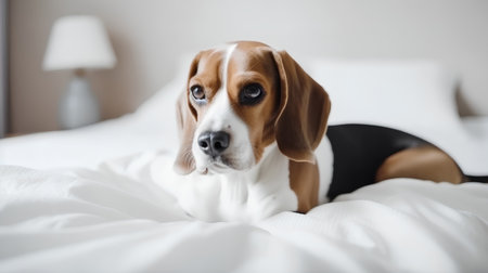 Cute beagle dog lying on the bed and looking at cameraの素材