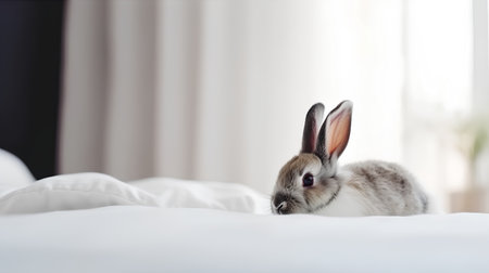 Cute rabbit on the bed in the morning, close-upの素材