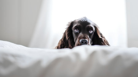 Cocker Spaniel lying on bed at home and looking at cameraの素材