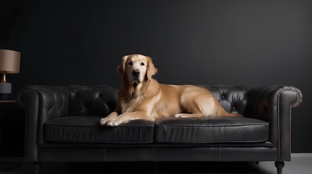 Golden Retriever lying on a black leather sofa in a dark roomの素材
