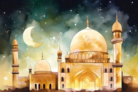 Illustration of the mosque at night with a crescent moon and starsの素材