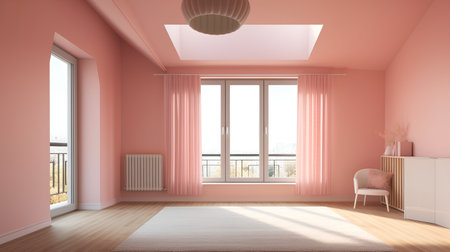interior with pink walls, wooden floor and pink curtains, 3d renderの素材