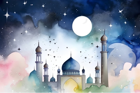 Illustration of Ramadan Kareem greeting card with mosque and moon.の素材