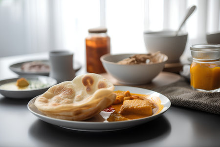 Indian food, curry and chapati in a plate on the tableの素材