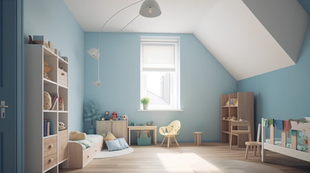 Interior of children's room in blue tones. 3d renderの素材