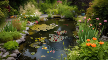 Garden pond with water lilies, tulips and other flowersの素材