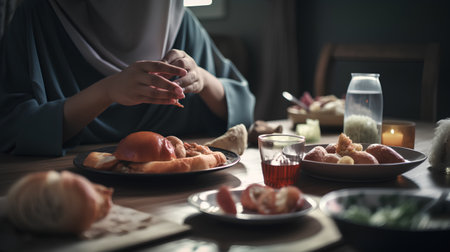 Hands of Muslim woman eating breakfast and drinking juice at home.の素材