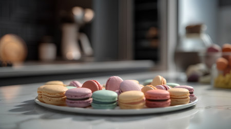 Colorful macaroons on the table in the kitchen. Selective focus.の素材