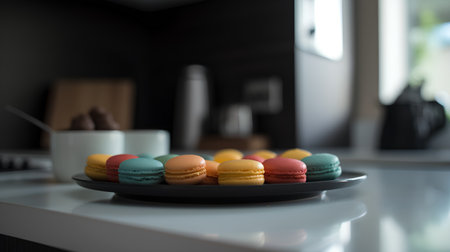 Colorful macaroons in a black plate on the kitchen tableの素材