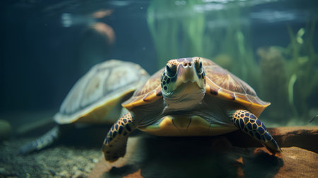 Turtle swimming in the water. Sea turtle in the aquarium.の素材