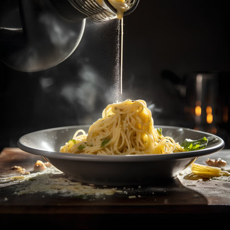 Spaghetti carbonara with basil and parmesan on dark backgroundの素材