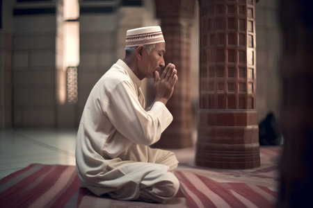 Portrait of a Muslim man praying inside the mosque. Selective focus.の素材